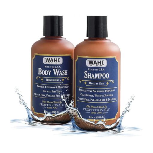 Wahl Body Wash & Shampoo Shower Combo Kit with Essential Oils for Men, Restorative, Nourishing, Exfoliating & Moisturizing with Meadowfoam Seed Oil, Clove Oil & Moringa Oil, Brown - Model 805701