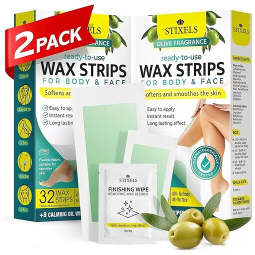 Wax Strips, 64 Count for Hair Removal - Waxing Kit for Women & Men with 48 Body Wax Strips, 16 Face Waxing Strips, 16 Oil Wipes - Hair Remover Wax Kit for Face, Legs, Arms, Armpits, Bikini - 2 Pack