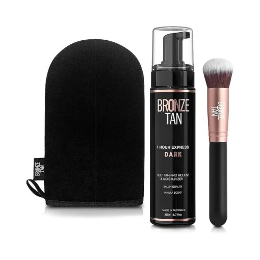 Bronze Tan Dark Self Tanning Kit All Natural 1-Hour Express Sunless Tanner Mousse 200ml, Instant Self Tanner Lotion with Bronzer, Self Tanning Mitt and Kabuki Brush