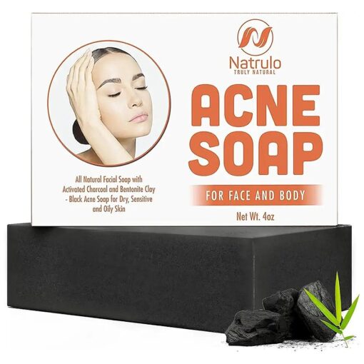 Natrulo Acne Soap Cleansing Bar for Face & Body - Black Activated Charcoal Soap with Bentonite Clay for Dry, Sensitive & Oily Skin - Black Acne Facial Cleanser for Pimples & Scars Made in USA