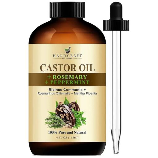 Handcraft Blends Castor Oil with Rosemary and Peppermint Oil in Glass Bottle - 4 Fl Oz - 100 % Pure and Natural - Premium Grade Oil for Hair Growth, Eyelashes and Eyebrows - Hair Relaxer