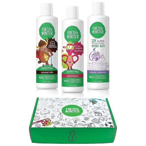 Fresh Monster Gift Box, Kids and Baby Get Clean Bath Gift Set with Coloring Box, 2-in-1 Shampoo and Conditioner, 2-in-1 Body Wash and Shampoo, and Bubble Bath, Natural ( 8.5 oz Each )