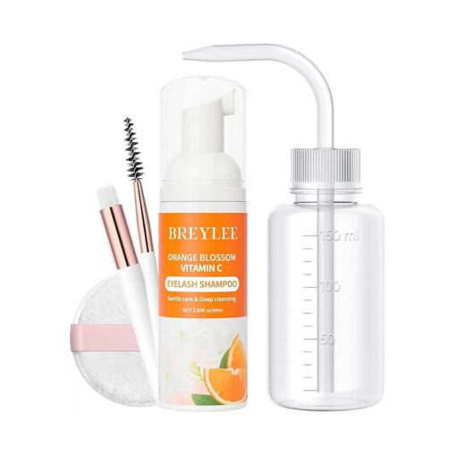 Eyelash Extension Cleanser, BREYLEE Lash Shampoo for Extensions, Lash Cleanser, Lash Bath, Lash Cleaner, Lash Cleaning Kit with Rinse Bottle+Brush+Pad for Professional & Self