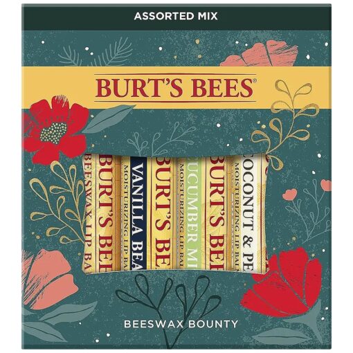 Burt 's Bees Holiday Gift, 4 Lip Balm Stocking Stuffer Products, Beeswax Bounty Assorted Set - Original Beeswax, Vanilla Bean, Cucumber Mint & Coconut Pear ( Old Verison )