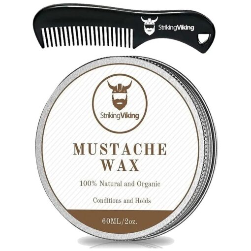 Striking Viking Mustache Wax & Comb Kit - Beard & Moustache Wax For Men With Strong Hold Natural Beeswax - Helps Tame Style & Groom ( Sandalwood Scent, 2 Ounce Size ) - Mustache Styling Wax