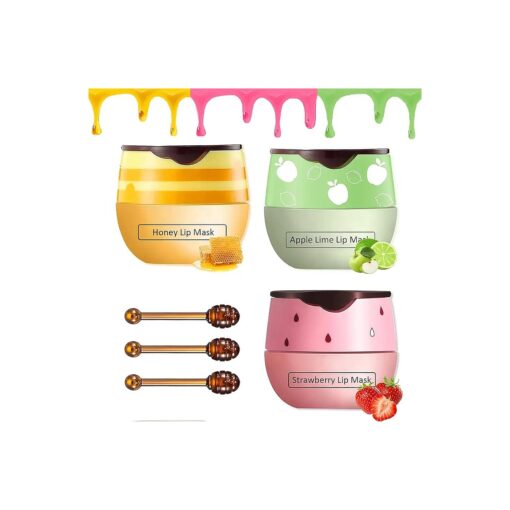 Bee Lip Balm Honey Pot,3 PCS Strawberry & Honey & Apple Lime Lip Sleeping Mask, Hydrating Prevention Dry and Cracked Lip Scrubs Exfoliator Lip Care, Moisturizing Lip Mask Overnight Reduces Lip Lines