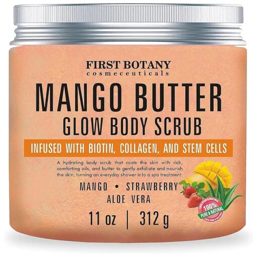 Mango Butter Body Scrub Exfoliator Biotin, Collagen, Stem Cells - Natural Exfoliating Salt Scrub & Body and Face Souffle helps with Moisturizing Skin, Acne, Cellulite, Dead Skin Scars, Wrinkles- 11 oz