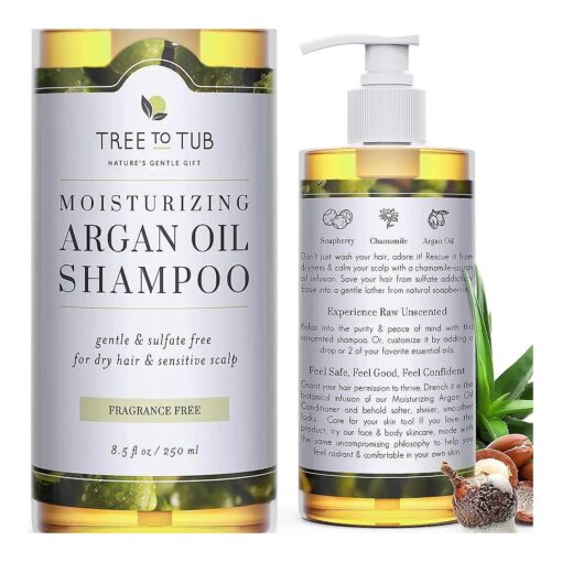 Tree to Tub Fragrance Free Shampoo for Dry & Sensitive Scalp - Gentle Unscented Hydrating Hair Shampoo for Women & Men, Moisturizing Sulfate Free Shampoo w/Organic Argan Oil, All Natural Soapberry