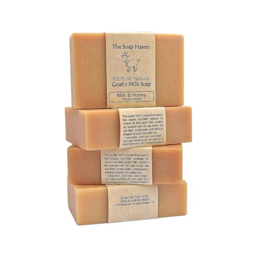 4 Goat Milk Soap Bars with Honey - Handmade in USA, All Natural Soap - Unscented, Fragrance Free, Fresh Goats Milk, Wonderful for Sensitive Skin and Babies, SLS, Paraben, GMO-Free .