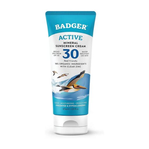 Badger Mineral Sunscreen Cream SPF 30, All Natural Sunscreen with Zinc Oxide, 98 % Organic Ingredients, Reef Safe, Broad Spectrum, Water Resistant, Unscented, 2.9 fl oz