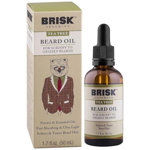 Brisk Grooming Tea Tree Beard Oil, Fast-absorbing Blend of Natural & Essential Oils Softens & Tames for a Beard that Looks & Feels Healthy not Greasy, 1.7 Ounce Bottle w/Dropper