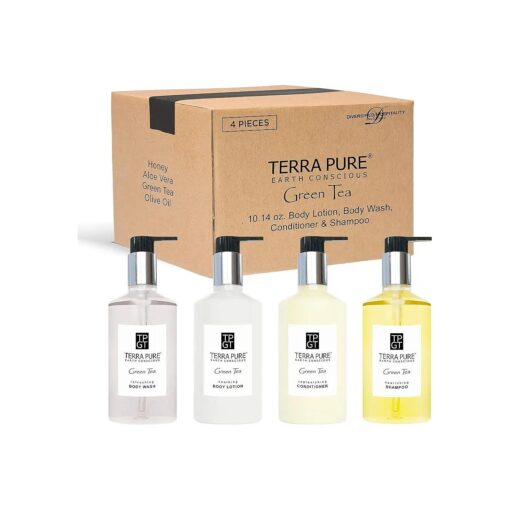 1-Shoppe Terra Pure Ecobox All-In-Kit | Green Tea Soap | 1 Shampoo, 1 Conditioner, 1 Body Lotion & 1 Body Wash | 10.14oz Hotel Soaps and Toiletries Bulk | Personal Care Products