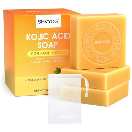 SHVYOG Kojic Acid Soap, Turmeric Soap Bar, Dark Spot Remover with Vitamin C Hyaluronic Acid for Deep Cleansing, Gentle Soap for Face and Body with A Foaming Net, 8.47oz ( 3 Pack )