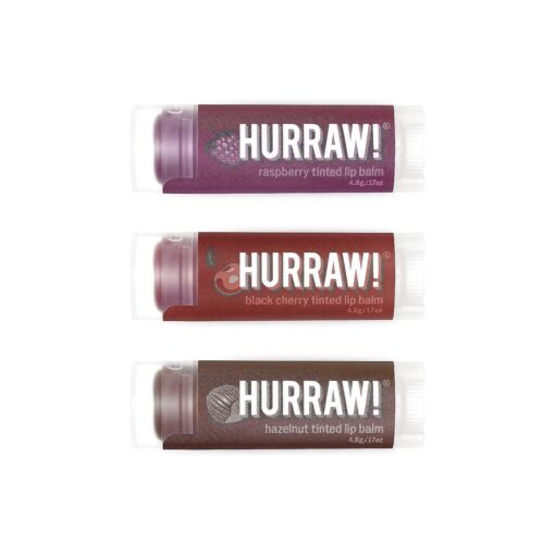 Hurraw ! Raspberry Tinted, Black Cherry Tinted, Hazelnut Tinted Lip Balms, 3 Pack Bundle : Organic, Certified Vegan, Cruelty & Gluten Free, Non-GMO, 100 % Natural, Bee, Shea, Soy & Palm Free, Made in USA