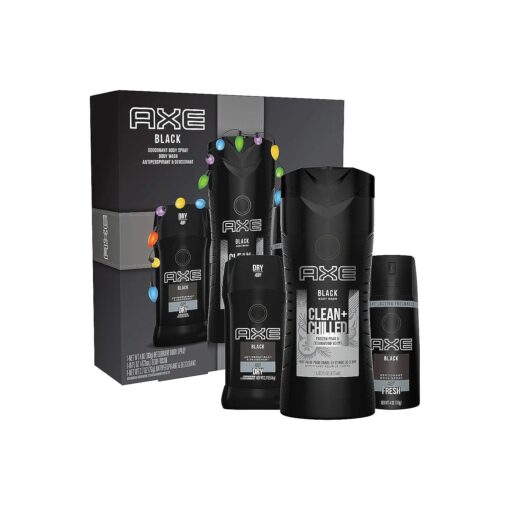 AXE Black Holiday Gift Set With Body Spray, Antiperspirant & Deodorant Stick and Body Wash for Grooming 3 count