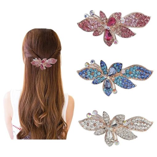 Crystal Hair Claw Clip, 3pcs Rhinestone Hair Clips French Hair Barrettes Spring Clip Bridal Wedding Formal Event Jewelry Accessory for Women and Girl ( Pink, Blue, Clear )