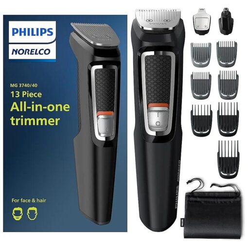 Philips Norelco Multi Groomer All-in-One Trimmer Series 3000-13 Piece Mens Grooming Kit for Beard, Face, Nose, Ear Hair Trimmer and Hair Clipper - NO Blade Oil Needed, MG3740/40