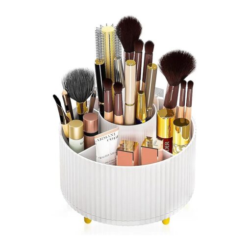 Makeup Brush Holder Organizer,360deg Rotating Makeup Brush Organizer, Cosmetics and Perfume Organizer, Desktop Storage Tray for Cosmetics and Skincare, Bathroom Vanity Desktop Organizer, White