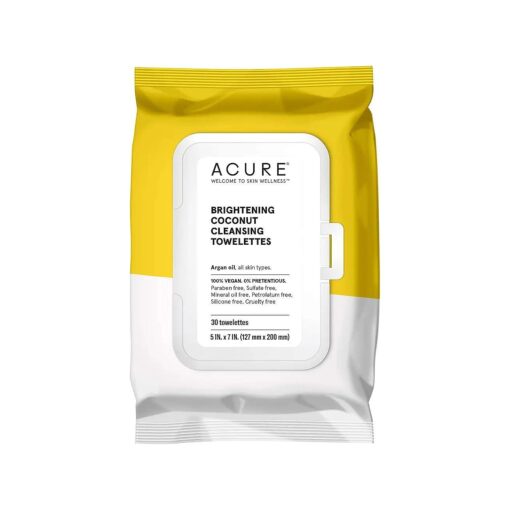 Acure Brightening Cleansing Towelettes | 100 % Vegan | For A Brighter Appearance | Argan Oil - Gently Removes Makeup and Cleanses | Simply Wipe & Go | All Skin Types | Pack Coconut 1 Count