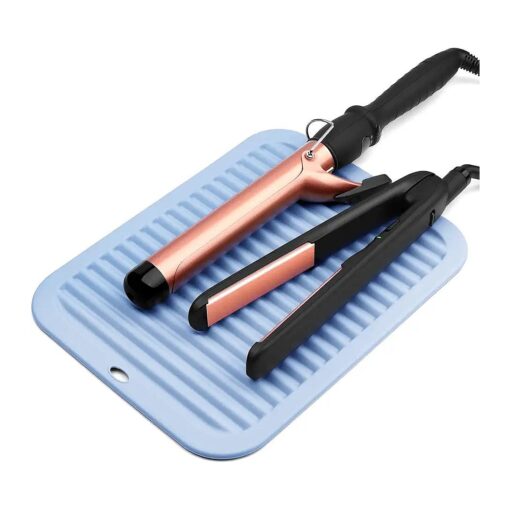 Large Silicone Heat Resistant Mat, Professional Hair Tool Organizer, Hair Straightener and All Hair Styling Salon Tools, Flat Iron Holder, Travel Hot Tools Curling Iron Pad, with Velcro ( Blue )