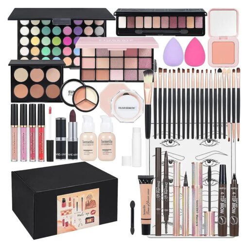 All in One Makeup Kit Makeup Kit for Women Full Kit Multipurpose Makeup, eyeshadow, liquid foundation, Loose powder, Eyebrow pencil,4-color lip gloss set