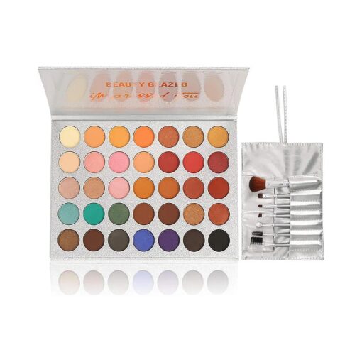 35 Colors Eyeshadow Palette with 7Pcs Makeup Brushes Set, All in One Makeup Kit Matte Shimmer Pigmented Eye Shadow Pallete Waterproof Powder Natural Nude Naked Smokey