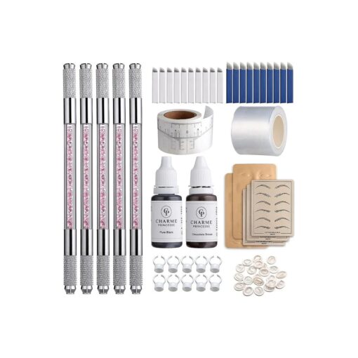 Charme Princesse Microblading Pen Kit Double Sided Manual Pen Kit with 20Pcs Needles Pigment Practice Skin Eyebrow Ruler Ring Cup for Permanent Makeup Supplies EK910S20-1