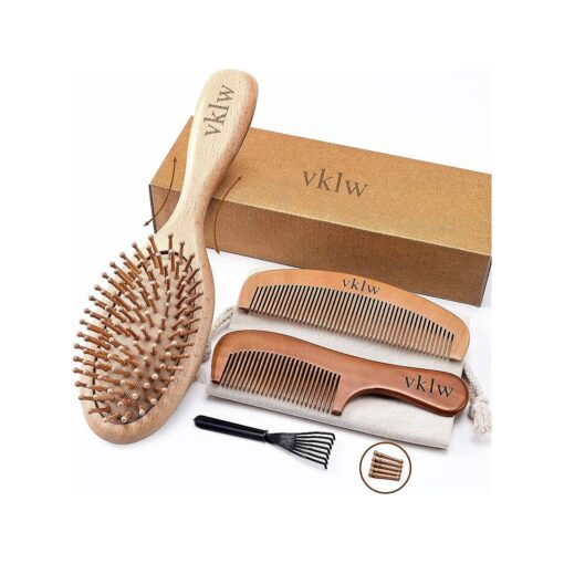 Wooden Hair Brush Wood Comb, One-piece Design, Reduce Frizz and Static, Massage Scalp, Detangling Wooden Paddle Hairbrush Wooden Comb for Women Girl Kids, Included Cleaning Claw, 5 Wood Bristles