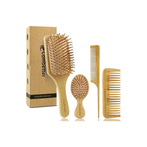 100 % Bamboo Hair Brushes and Comb Set by Combetter, Comb for Women and Detangling, Great on All Hair, Eco-Friendly and Handmade for Women Men and Kids