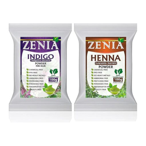 Zenia 100 % Pure Indigo Powder and Henna Powder Hair Color Combo Kit | for Coloring Hair and Beard Black | 100 Grams Each | All Natural, Chemical Free, PPD-free, Ammonia-free