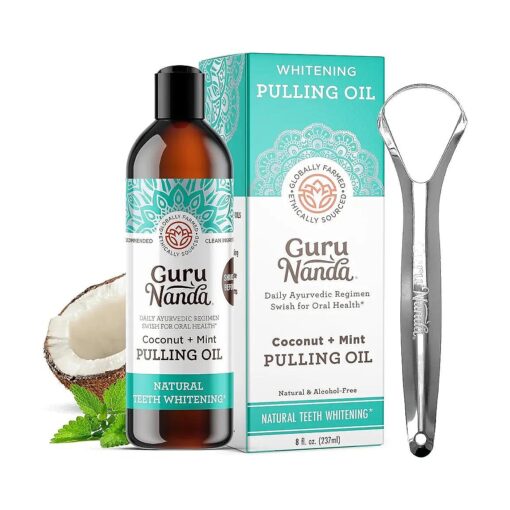 GuruNanda Coconut & Peppermint Oil Pulling ( 8 Fl.Oz ) with Tongue Scraper - Alcohol Free Mouthwash for Fresh Breath, White Teeth & Healthy Teeth & Gums