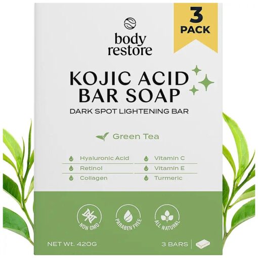 Body Restore Kojic Acid Soap, Fathers Day Dad Gifts, ( Green Tea 3 Pack ), with Vitamin C, E, Shea Butter, Collagen, Hyaluronic Acid, Turmeric, Retinol For Dark Spots, All Natural Soap Bar, Paraben Free