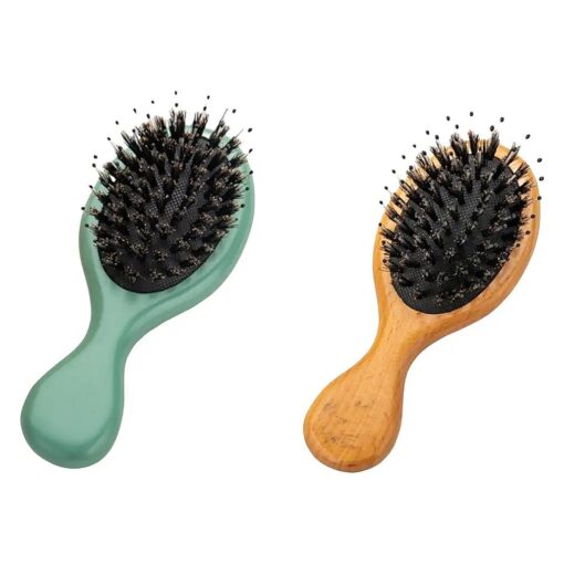 Hair Brush Mini Boar Bristle Hairbrush for Thick Thin Straight Curly Hair, 2 Pcs Natural Beech Wood Handle Cushion Massage Detangling Hair Brush for Men Women Gilrs Boys