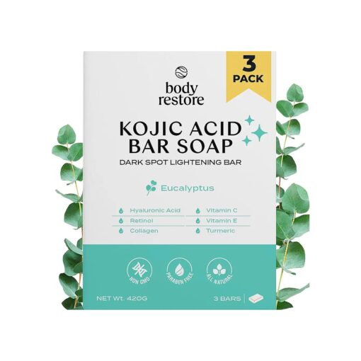 Kojic Acid Soap, Fathers Day Dad Gifts, ( Eucalyptus 3 Pack ), with Vitamin C, E, Shea Butter, Collagen, Hyaluronic Acid, Turmeric, Retinol For Dark Spots, All Natural Soap Bar, Paraben Free