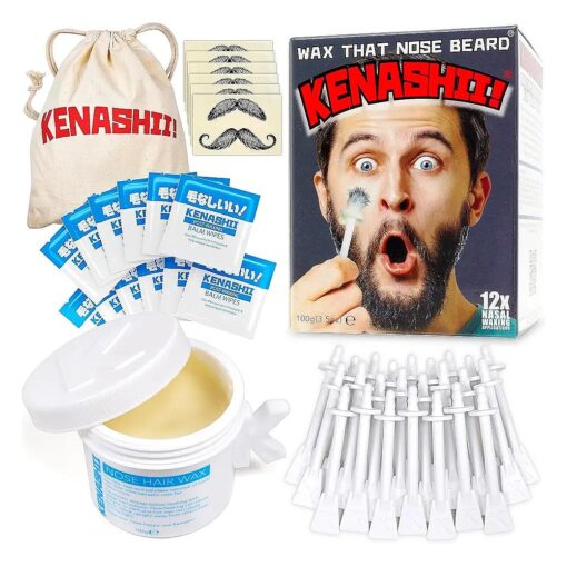 Nose Wax Kit | 100 g Wax, 24 Applicators | The Original and Best Nose and Ear Hair Removal Kit from Kenashii | Nasal Waxing For Men and Women | 12 Applications | 12 Balm Wipes | 12 Mustache Guards