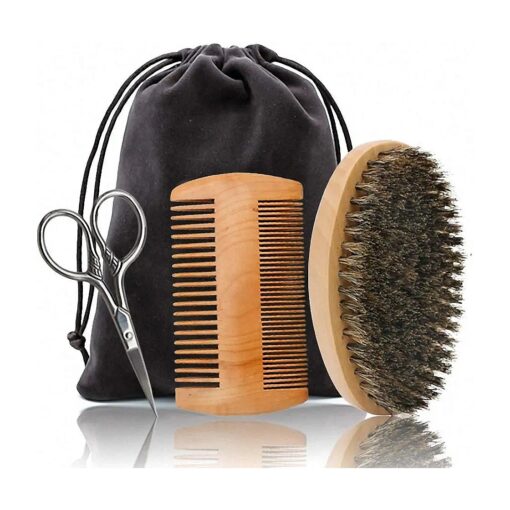 Hair Dough Beard Brush & Comb, Scissors Set for Men, Set Includes Soft Boar Bristle Brush, Bamboo Wide Tooth Comb, and Mustache Trimming Scissors, Straighten & Soften Your Beard