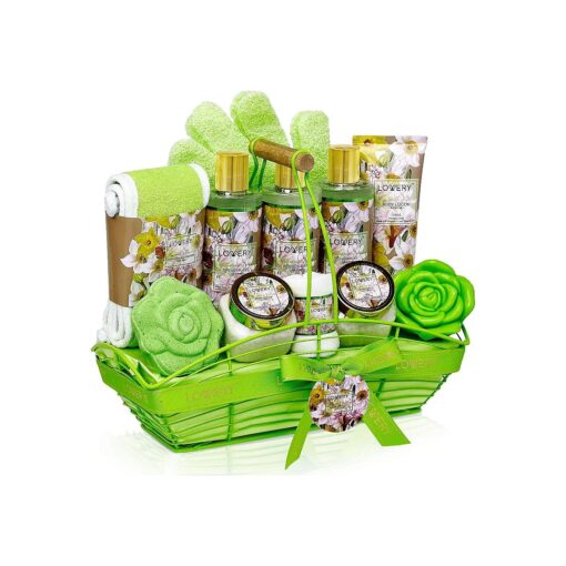 Fathers Day Gifts Home Spa Gift Baskets For Women, Bath and Body Gift Basket, Magnolia & Jasmine Home Spa Set, Fragrant Lotions, Bath Bomb, Towel, Shower Gloves, Green Wired Bread Basket & More, 13Pcs