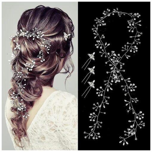 Bride Wedding Crystal Hair Vine Hair Accessories Extra Long Pearl and Beads Bridal Hair Vine Headband Head Pieces for Women and Girls ( Silver )