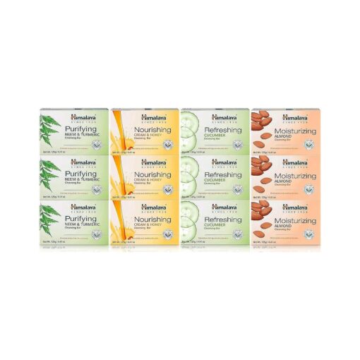 Himalaya Cleansing Bar Soaps Variety Pack, Neem & Turmeric, Almond, Cream & Honey and Cucumber, 4.41 oz, 12 Pack