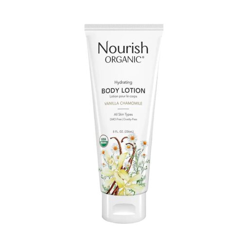 Nourish Organic Body Lotion, Almond Vanilla - Hydrating Body Lotion for Dry Skin with Aloe Vera & Shea Butter ( 8 Oz ) + Washable Cotton Round