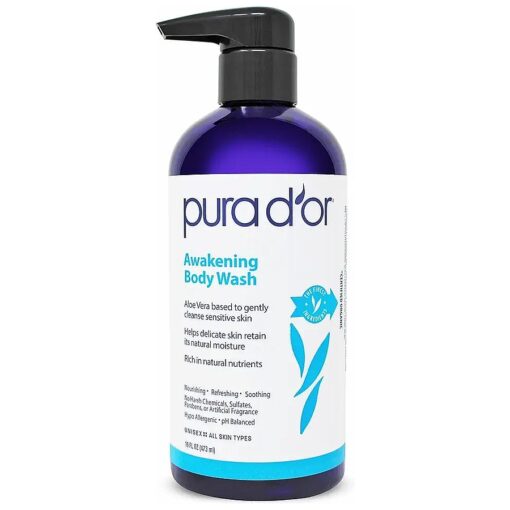 PURA D'OR Awakening Body Wash ( 16oz ) with Aloe Vera, Chamomile, Lavender, Tea Tree and Natural Nutrients - pH Balanced for Moisturized Soft, Fresh-Feeling Skin, All Skin Types, Men & Women