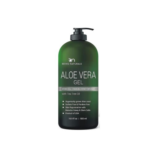 Aloe vera Gel - from 100 % Pure Organic Aloe Infused with Manuka Honey, Stem Cell, Tea Tree Oil - Natural Raw Moisturizer for Face, Body, Hair, Perfect for Sunburn, Acne, Razor Bumps 16.9 fl oz