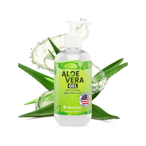 Organic Aloe Vera Gel for Face with Orchid & Apple Stem Cells - Soothing & Hydrating Aloe Gel for Sunburn Relief & After Sun Care - 100 % Aloe Vera Gel for Hair, Face & Body ( 8 Fl Oz )