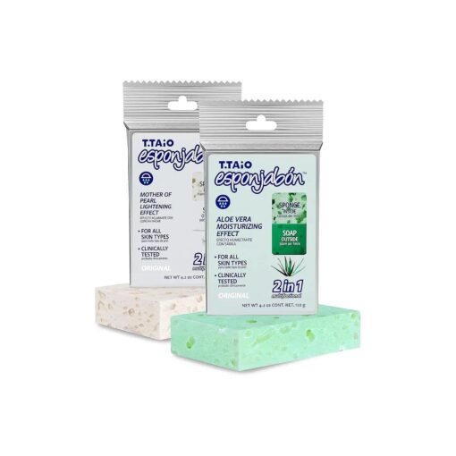 T.Taio Esponjabon Soap Sponge 2-Pack- Cleansing Shower Scrubber & Bath Wash Scrub - Massage & Lather Foot, Elbow, & Face - Bathroom Accessories - Mother of Pearl & Aloe Vera ( 2-Pack )