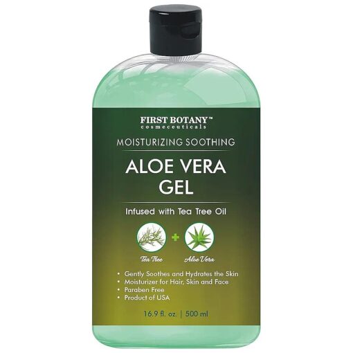 Aloe Vera Gel from 100 Percent Pure Aloe Infused with Tea Tree Oil - Natural Raw Moisturizer for Hand Sanitizing Gel, Skin Care, Hair Care, Sunburn, Acne & Eczema -16.9 fl oz | 500 ml