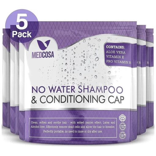 Medcosa No Rinse Shampoo Caps - Waterless Shampoo and Conditioner Hair Wash Cap - Dry Hair Washing Aids with Aloe Vera and Vitamins - Pack of 5 Rinse Free No Water Shower Caps