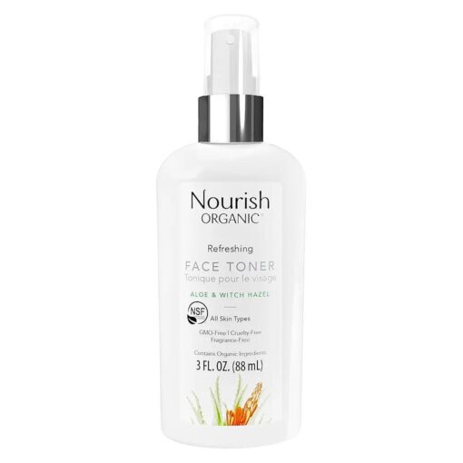 Nourish Organic Face Toner Spray - Alcohol-Free Formula with Witch Hazel, Aloe Vera & Moroccan Rose Flower Extract, 3 Oz + Washable Cotton Round