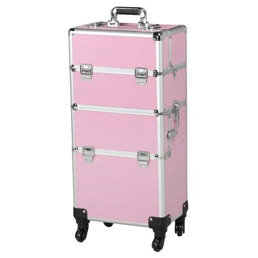 Topeakmart 3 In 1 Aluminum Professional Rolling Cosmetic Case, Beauty Storage Trolley, Make Up Storage Organizer, Makeup Travel Case - With Wheels, Folding Trays and Large Compartments - Pink