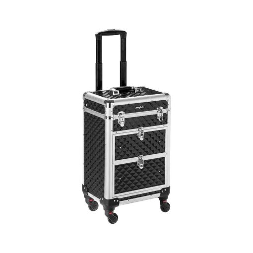 Aluminum Rolling Makeup Train Case, Portable Makeup Organizer Suitcase, Cosmetic Storage Box, Travel Beauty Luggage Trolley Lockable w/4 Removable Wheels & 2 Sliding Drawers ( Black )