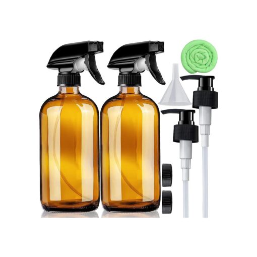 Amber Glass Spray Bottles 16 oz Pump Bottle ( 2 Pack ) Refillable Cosmetic Containers Brown Mist & Stream Mister for Essential Oil Products Shampoo Soap Cleaning Bottles Or Aromatherapy Sprayer Plant